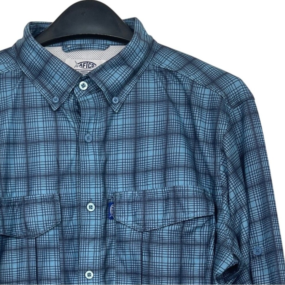 AFTCO Mens M Performance Fishing Shirt Long Roll Up Sleeve Midweight‎ Blue Plaid